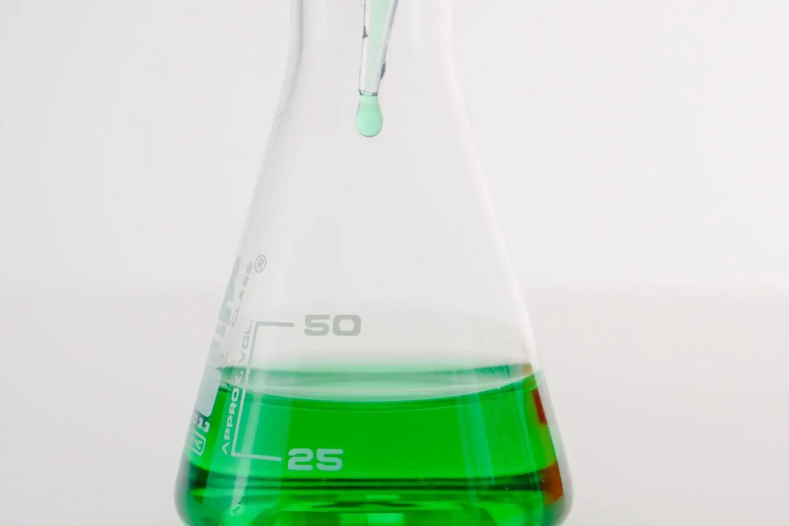 Pipeta que deja caer una gota en un matraz de laboratorio graduado con un líquido verde