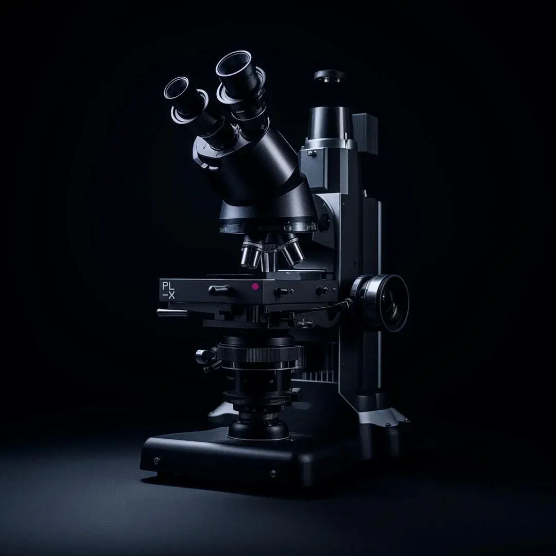 Vista macro de un microscopio óptico utilizado para el análisis del cáñamo