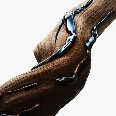 Colada de metal líquido sobre una rama de madera